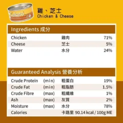 雞肉：優質低脂蛋白、必需氨基酸、低卡路里，用於維護肌肉組織。及有助於促進身體健康和提高免疫系統。 芝士：含優質的鈣質，對骨骼和牙齒健康很重要。 含豐富維生素和其他必需礦物質，保持良好的身體機能。