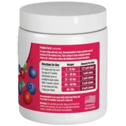 Solid Gold Berry Balance 草莓均衡配方幫助你的寵物找到他們的完美平衡，並減輕麻煩泌尿問題。Berry Balance適用於狗和貓，為您的寵物提供泌尿系統健康和功能支持。莓果平衡是基於自然，可辨認的成份例如蔓越桔和藍莓的整體無穀物補充。蔓越莓和藍莓提供豐富，天然的抗氧化劑和維生素C的來源，這有助於促進適當的尿礦物質平衡和健康的尿液pH值。正常的尿液pH值可能會降低晶體形成的可能性。無榖物，無麸質，沒有人工色素，味道或者防腐劑。美國製造。 ●一種天然的，全面的和無穀物的補充劑，可以支持狗和貓的尿道健康和功能。 ●支持膀胱和尿道健康：蔓越莓和藍莓提供豐富，自然來源的抗氧化劑和維生素C，以支持正常的尿液pH值。 ●有助於保持健康的尿液pH值，從而降低晶體形成的可能性。 ●建議與固體金尿酸pH試紙一起使用，以確保維持適當的尿液pH值。 ●使用方便！用餐時間用食物管理。請參閱包裝建議的劑量。 <strong><u>成份:</u></strong> -牛肝粉，天然調味品，大米粉，二氧化矽氣凝膠 (每1/2茶匙活性成分) -蔓越莓粉390毫克 -抗壞血酸145毫克 -藍莓粉100毫克 <strong><u>產品使用:</u></strong> (首1個月每日2次，之後隔天1次) 可混合乾/濕糧一起餵飼 <table> <tbody> <tr> <td><strong>體重(磅)</strong></td> <td><strong>每天份量(粒)</strong></td> </tr> <tr> <td>1-15</td> <td>1/8粒</td> </tr> <tr> <td>16-30</td> <td>1/4粒</td> </tr> <tr> <td>31-45</td> <td>1/2粒</td> </tr> <tr> <td>46-60</td> <td>3/4粒</td> </tr> <tr> <td>61+</td> <td>1粒</td> </tr> </tbody> </table> <u><strong>儲存：</strong></u> 置於陰涼乾燥處，遠離兒童及寵物。 <u><strong>適用於:</strong></u> 所有狗狗及貓貓