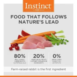 <div>高動物蛋白，無穀物配方，以我們對生肉的信念為指導，Instinct本能的純天然兔肉無穀物配方可以令貓貓茁壯成長。</div> <div></div> <ul> <li>農場飼養的兔子是第一主要成分，蘊含高動物蛋白，可增強肌肉</li> <li>80％的真正動物成分和營養油； 20％的蔬菜，水果和其他有益健康的成分</li> <li>0%穀物及麩質、不含馬鈴薯、玉米、小麥、大豆、動物副產品、人造色素或防腐劑</li> <li>添加天然活性益生菌，有助保持健康消化系統</li> <li>Omega 3 及 Omega 6 脂肪酸有助改善皮膚及毛髮健康</li> <li>每一塊都含有純淨的真正營養</li> <li>符合美國AAFCO貓糧營養素生長標準所建立的營養水平</li> </ul>