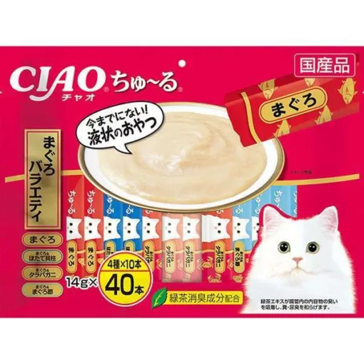 ・與貓貓拿出來舔一下。 ・是小貓和老貓的簡單零食。包含 4 種口味(金槍魚、金槍魚和扇貝、金槍魚帝王蟹、金槍魚和金槍魚子)各 10 個。 ・含有綠茶除臭成分。綠茶提取物吸附腸道內容物的氣味，減少糞便和尿液的氣味。 ■產地：日本