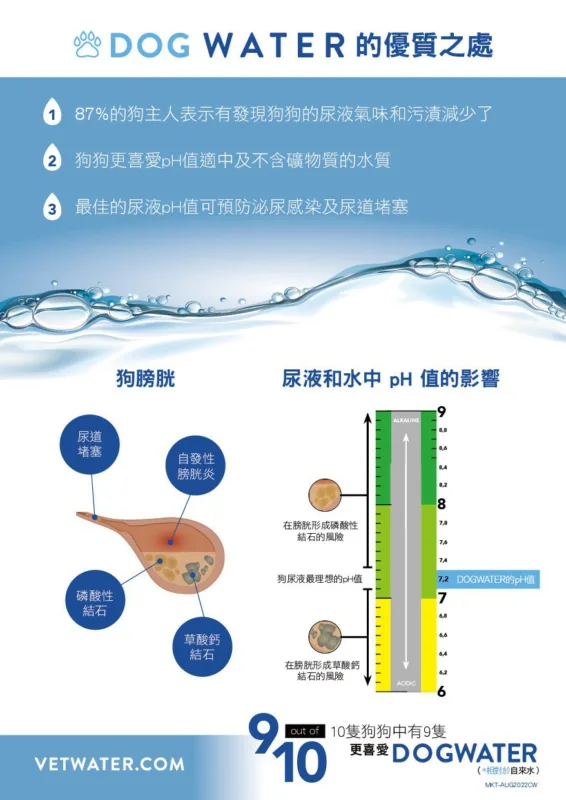 <ul> <li>減少尿臭︰ DogWater 不含硝酸鹽，有助減少尿液氣味</li> <li>促進理想的尿液pH值︰ DogWater 具有完美平衡的pH值(7.1至7.3之間)，能滿足狗狗的需要</li> <li>有助減少膀胱內可形成結晶和結石的礦物質︰ DogWater 不含任何引致泌尿問題的礦物質</li> </ul>