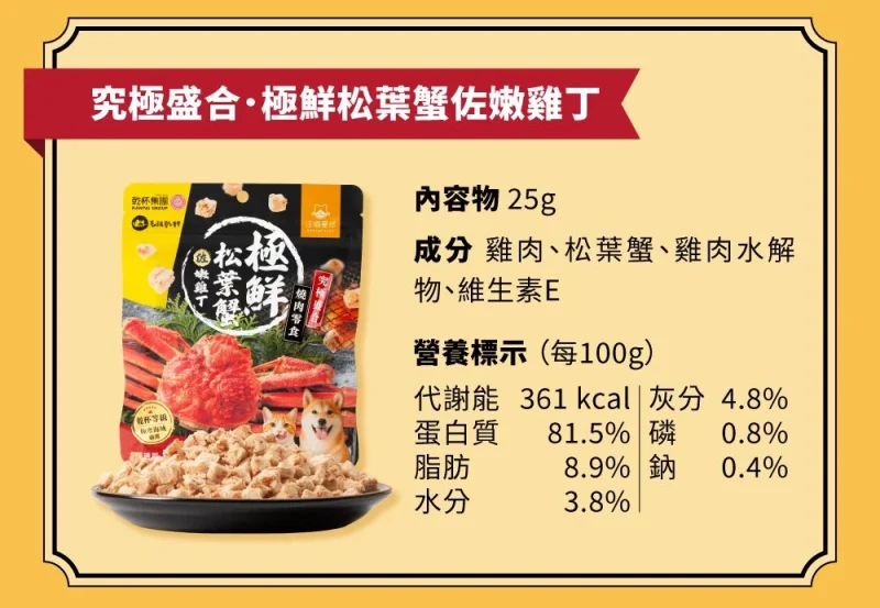 <strong>乾杯牛舌、松葉蟹入料 </strong><strong>毛孩的御用奢華饗宴！ </strong> <span class="notion-enable-hover" data-token-index="0">•  乾杯人食級紐澳牛舌，肉香濃郁 • 極寒海域松葉蟹，肉質細緻海味十足 </span>• 新鮮原肉、天然蔬果澎湃入料，營養又好吃 • 無調味、香料、色素、防腐劑，美味安心享用