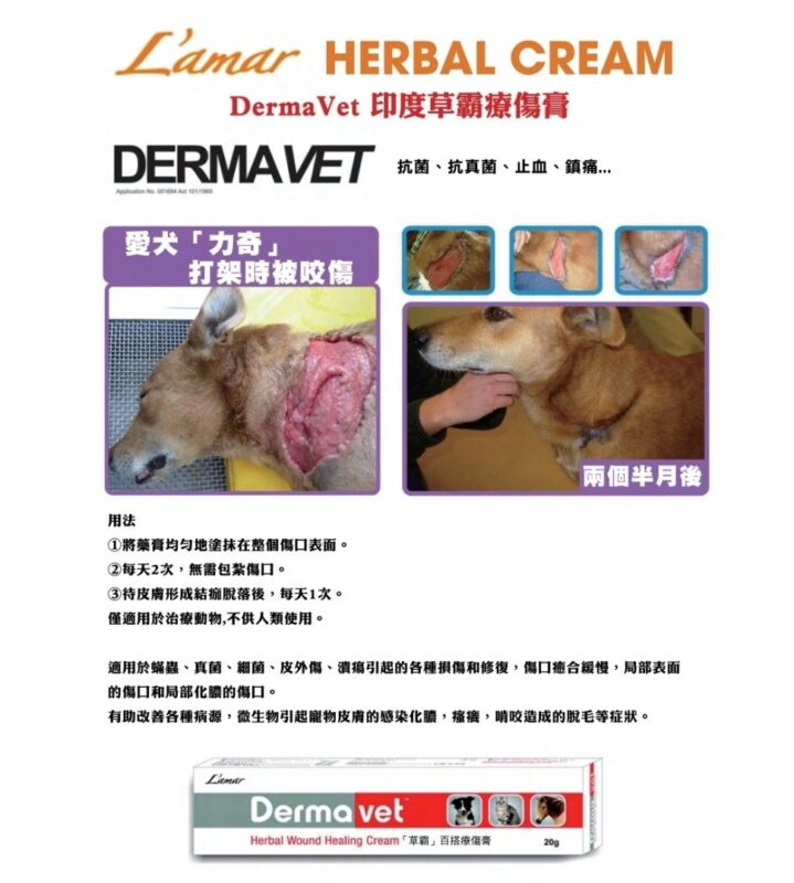 主治︰抗菌、抗真菌、止血、消炎、鎮痛，用於創傷性皮膚功效顯著 適用於蟎蟲、真菌、細菌、皮外傷、潰瘍引起的各種損傷和修復，癒合緩慢、局部表面和局部化膿的傷口。 有助改善各種病源，微生物引起寵物皮膚的感染化膿，瘙癢，啃咬造成的脫毛等症狀。